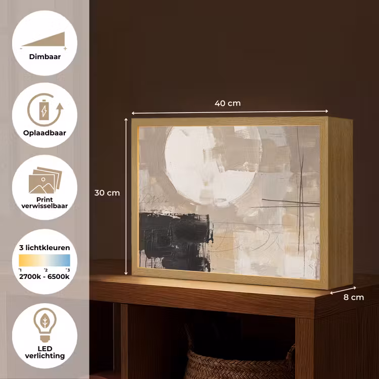 Abstract - Cirkel - Modern - Beige - Zwart - Minimalistisch Light Box met batterij (Wandlamp) middel -USP_websiteoverzichtNL