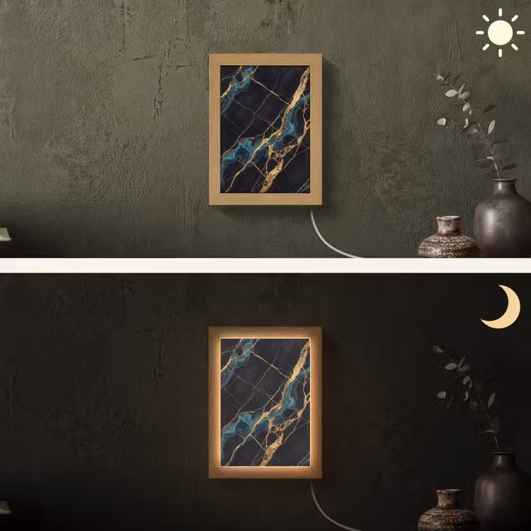 Abstract - Gouden lijnen - Kunst - Modern - Zwart Light Box met kabel (Wandlamp) klein -sfeer3