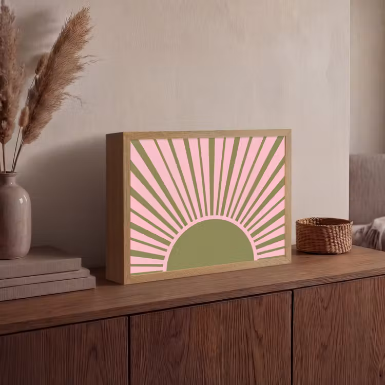Abstract - Stralen - Grafisch - Roze - Groen Light Box met batterij (Wandlamp) middel -sfeer2