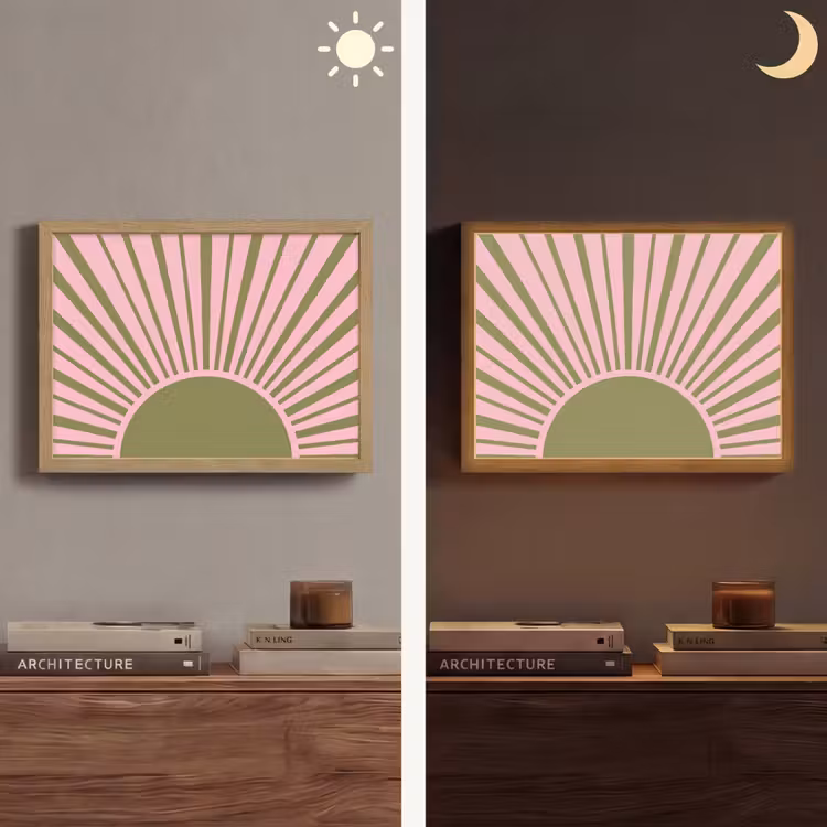 Abstract - Stralen - Grafisch - Roze - Groen Light Box met batterij (Wandlamp) middel -sfeer3