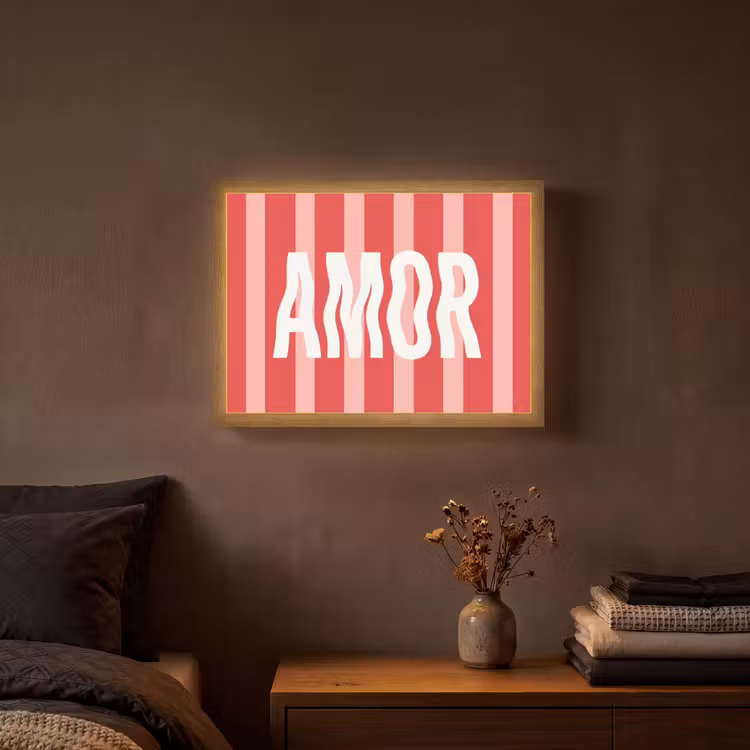 Amor - Strepen - Rood - Roze Light Box met batterij (Wandlamp) middel -sfeer4