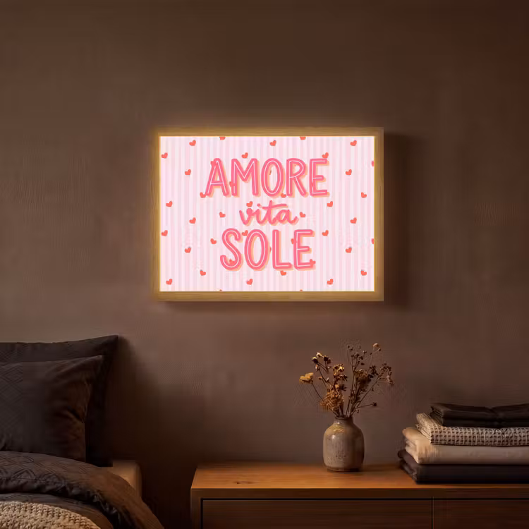 Amore vita sole - Roze - Hartjes Light Box met batterij (Wandlamp) middel -sfeer4