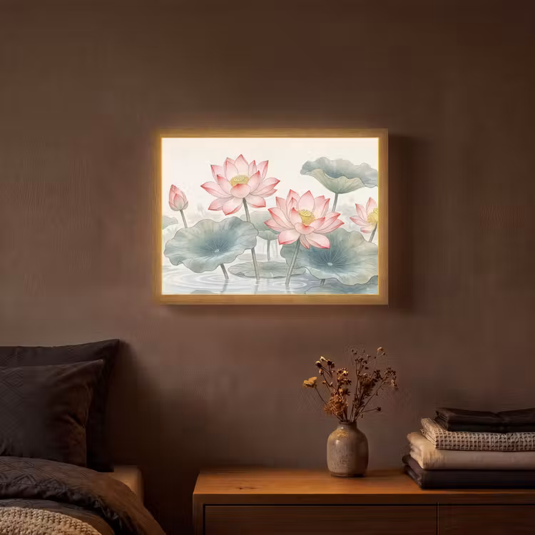 Aquarel - Lotusbloemen - Kleurrijk Light Box met batterij (Wandlamp) middel -sfeer4