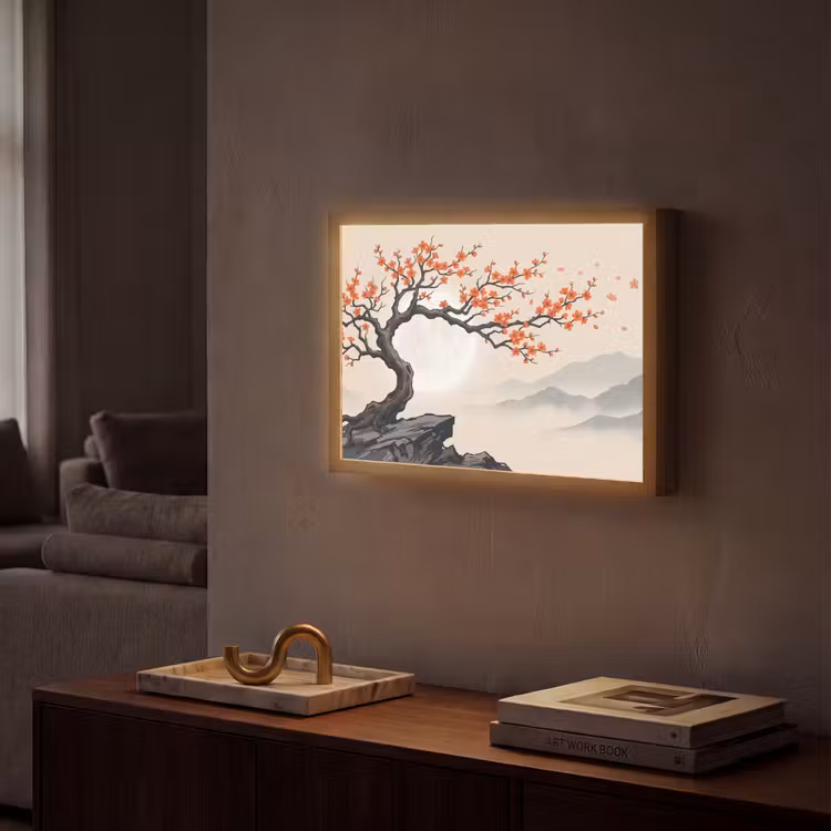 Aziatisch - Bloesem - Rood Light Box met batterij (Wandlamp) middel -sfeer1