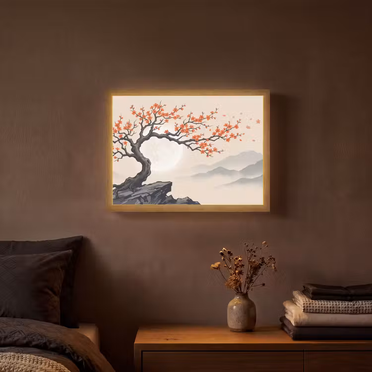 Aziatisch - Bloesem - Rood Light Box met batterij (Wandlamp) middel -sfeer4