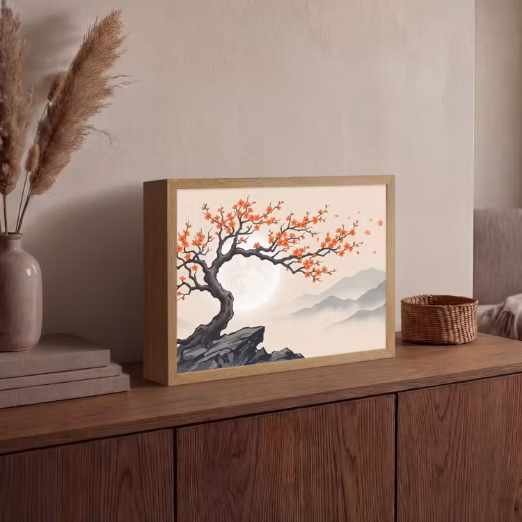 Aziatisch - Bloesem - Rood Light Box met batterij (Wandlamp) middel -sfeer2