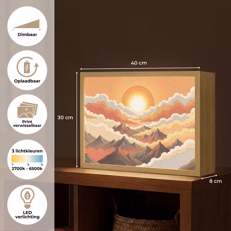 Bergen - Wolken - Natuur - Zonsopgang - Oranje Light Box met batterij (Wandlamp) middel -USP_websiteoverzichtNL