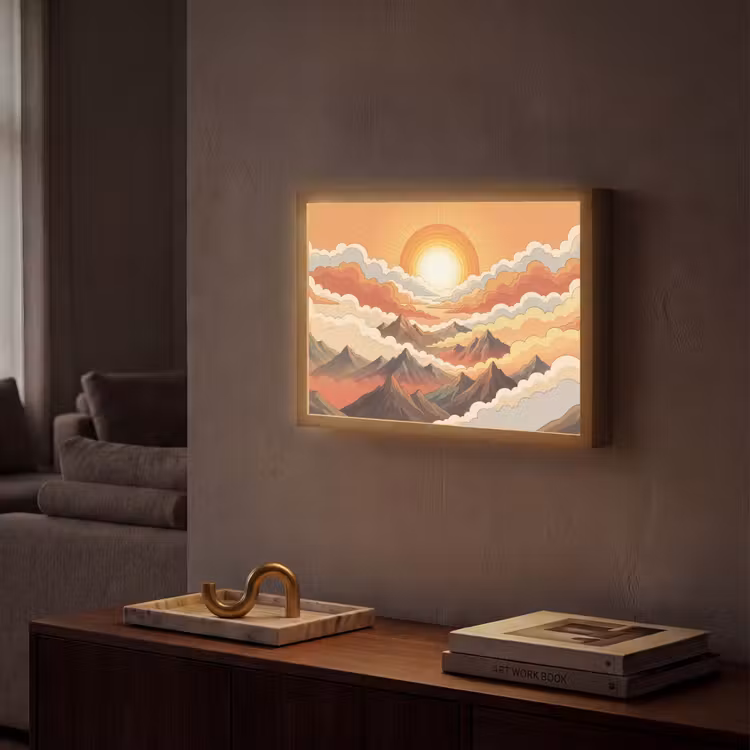 Bergen - Wolken - Natuur - Zonsopgang - Oranje Light Box met batterij (Wandlamp) middel -sfeer1