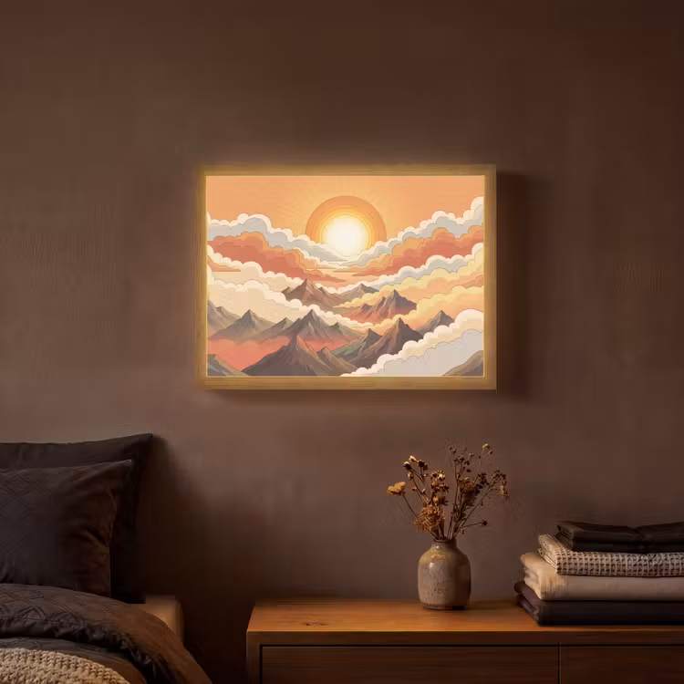 Bergen - Wolken - Natuur - Zonsopgang - Oranje Light Box met batterij (Wandlamp) middel -sfeer4