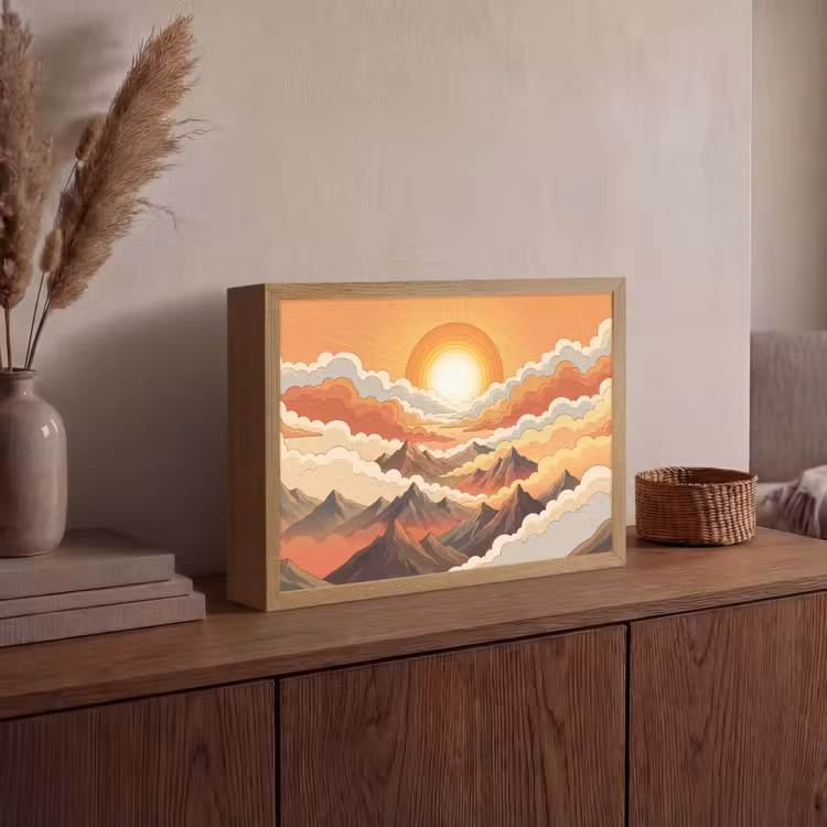 Bergen - Wolken - Natuur - Zonsopgang - Oranje Light Box met batterij (Wandlamp) middel -sfeer2