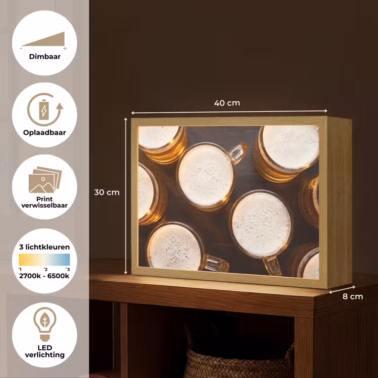 Bier - Glazen - Schuim - Hout - Drank Light Box met batterij (Wandlamp) middel -USP_websiteoverzichtNL