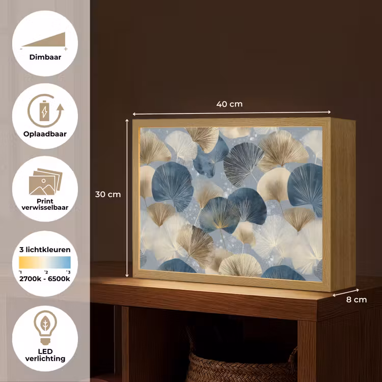 Bladeren - Abstract - Goud - Blauw Light Box met batterij (Wandlamp) middel -USP_websiteoverzichtNL