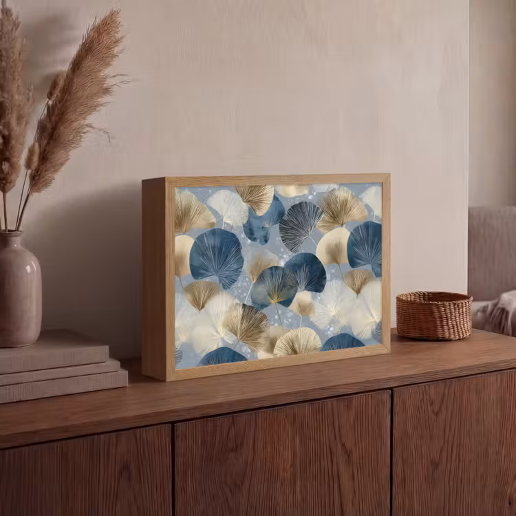 Bladeren - Abstract - Goud - Blauw Light Box met batterij (Wandlamp) middel -sfeer2