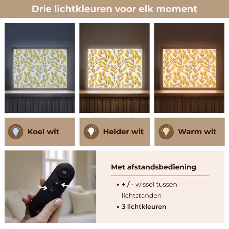 Bladeren - Botanisch - Elegant - Geel - Zwart Light Box met batterij (Wandlamp) middel 907 -USP_lichtkleurNL