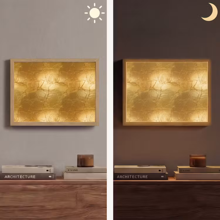 Bladgoud - Vintage - Textuur - Warm Goud Light Box met batterij (Wandlamp) middel 907 -sfeer3