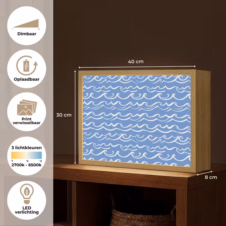 Blauw - Wit - Simpel - Getekend - Golven Light Box met batterij (Wandlamp) middel 907 -USP_websiteoverzichtNL