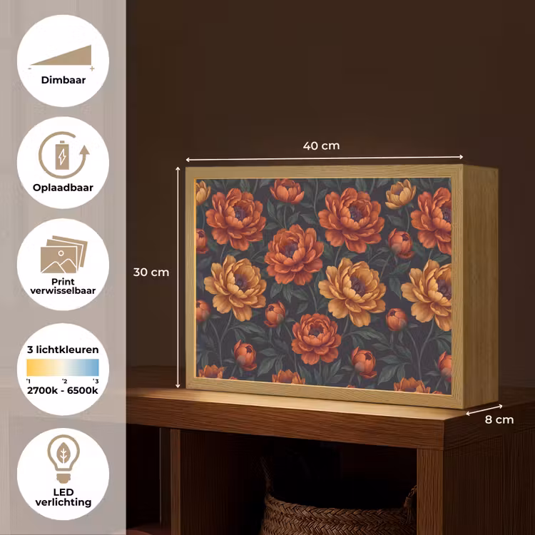 Bloemen - Bladeren - Natuur - Modern - Oranje Light Box met batterij (Wandlamp) middel -USP_websiteoverzichtNL