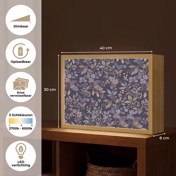 Bloemen - Bladeren - Patroon - Botanisch - Donkerblauw Light Box met batterij (Wandlamp) middel -USP_websiteoverzichtNL