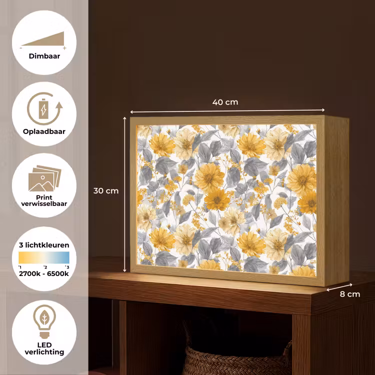 Bloemen - Botanisch - Elegant - Okergeel - Grijs Light Box met batterij (Wandlamp) middel 907 -USP_websiteoverzichtNL