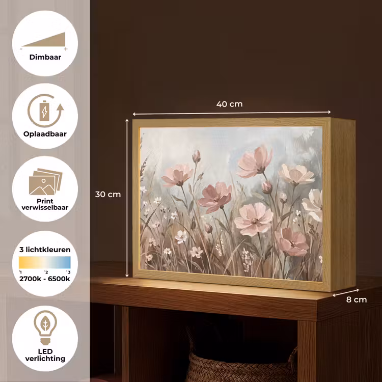 Bloemen - Botanisch - Schilderij - Pastel - Rustiek Light Box met batterij (Wandlamp) middel -USP_websiteoverzichtNL