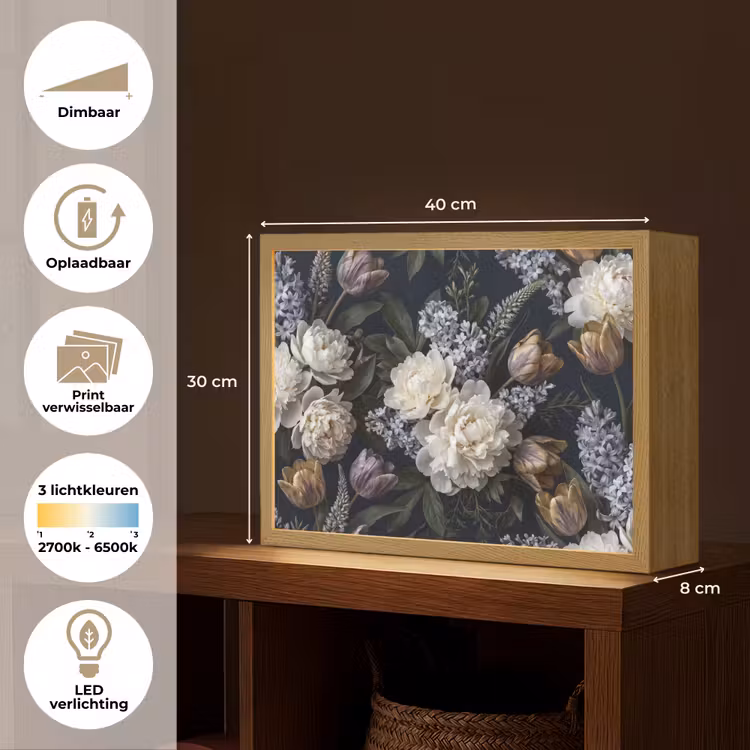 Bloemen - Donker - Elegant - Natuur - Wit Light Box met batterij (Wandlamp) middel -USP_websiteoverzichtNL