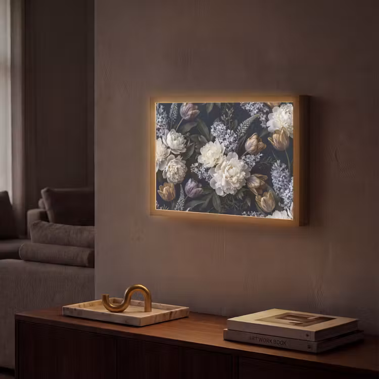 Bloemen - Donker - Elegant - Natuur - Wit Light Box met batterij (Wandlamp) middel -sfeer1