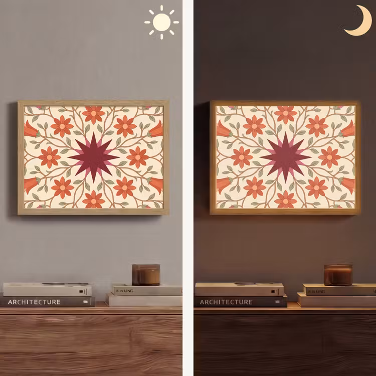 Bloemen - Mandala - Decoratief - Rood Light Box met batterij (Wandlamp) middel -sfeer3
