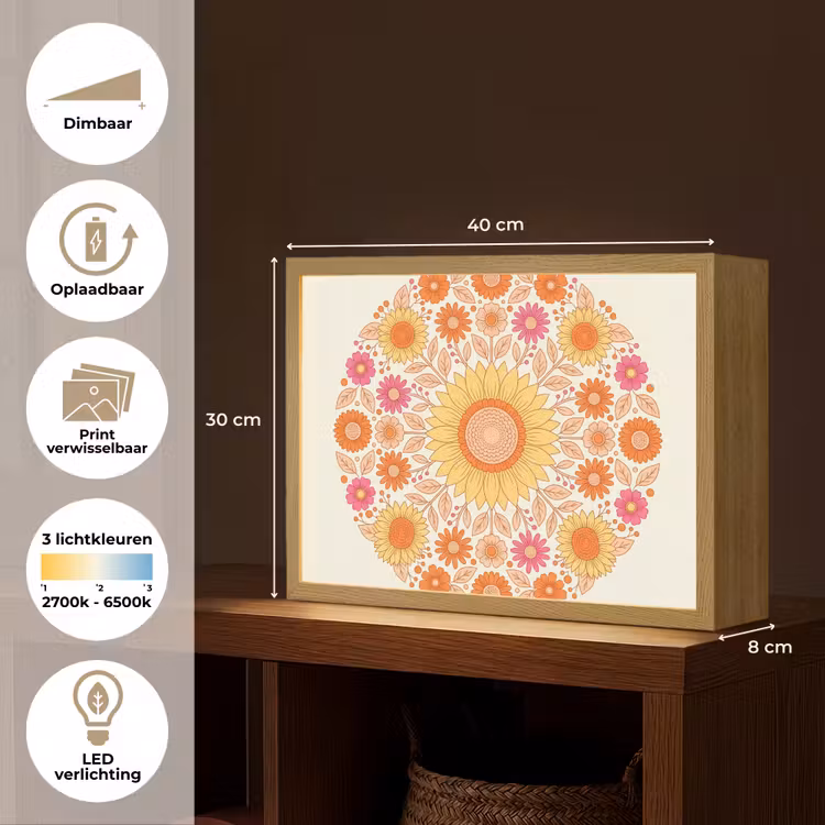 Bloemen - Mandala - Patroon - Kleurrijk Light Box met batterij (Wandlamp) middel -USP_websiteoverzichtNL