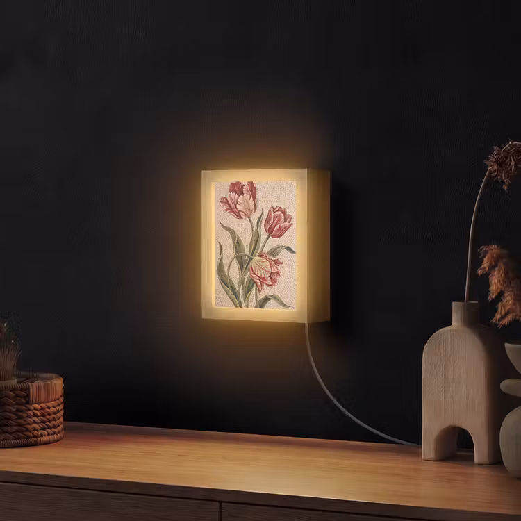 Bloemen - Mozaïek - Rood - Groen - Kunst Light Box met kabel (Wandlamp) klein -sfeer1
