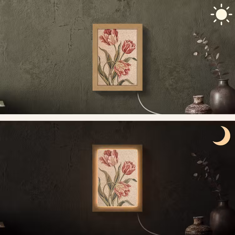 Bloemen - Mozaïek - Rood - Groen - Kunst Light Box met kabel (Wandlamp) klein -sfeer3