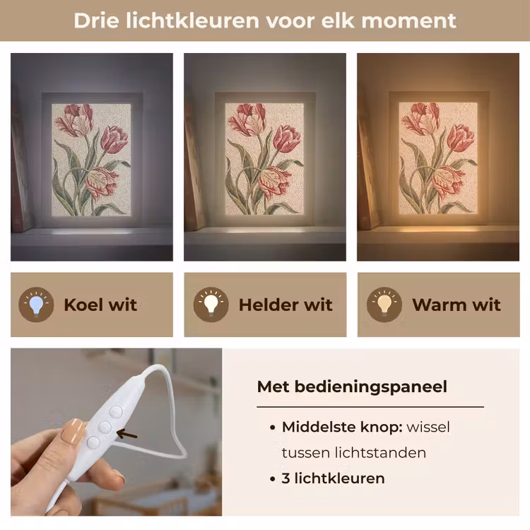 Bloemen - Mozaïek - Rood - Groen - Kunst Light Box met kabel (Wandlamp) klein -USP_lichtkleurNL