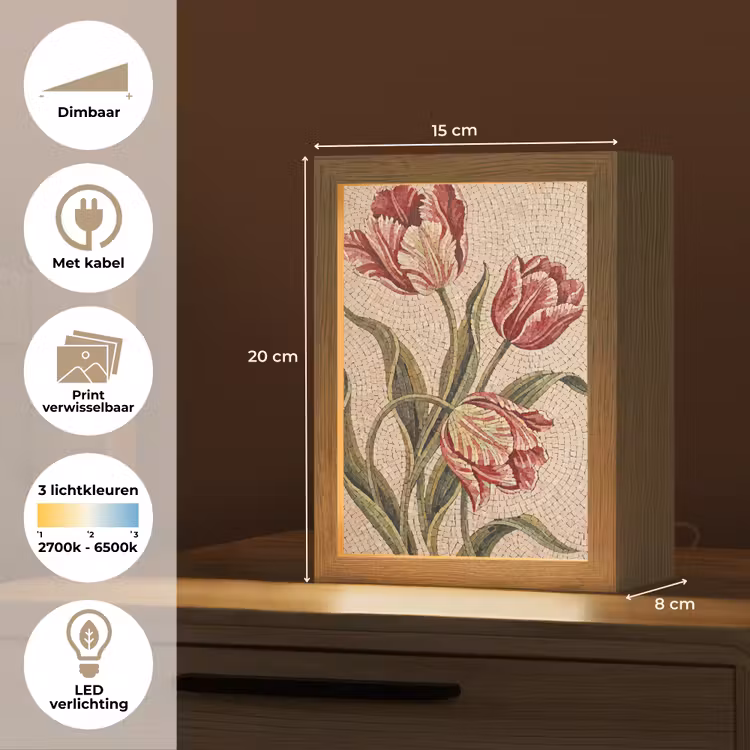 Bloemen - Mozaïek - Rood - Groen - Kunst Light Box met kabel (Wandlamp) klein -USP_websiteoverzichtNL