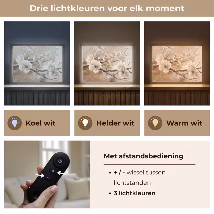 Bloemen - Natuur - Wit - Bloesem - Abstract Light Box met batterij (Wandlamp) middel -USP_lichtkleurNL