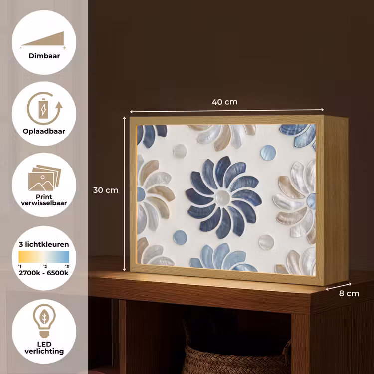 Bloemen - Parelmoer - Abstract - Patroon - Blauw Light Box met batterij (Wandlamp) middel -USP_websiteoverzichtNL