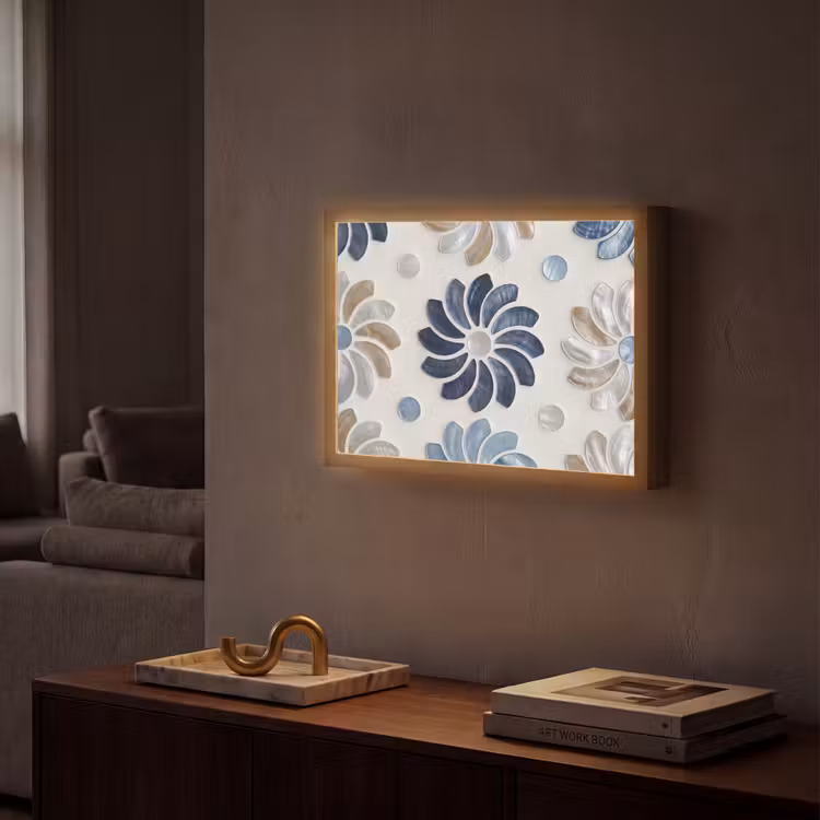 Bloemen - Parelmoer - Abstract - Patroon - Blauw Light Box met batterij (Wandlamp) middel -sfeer1