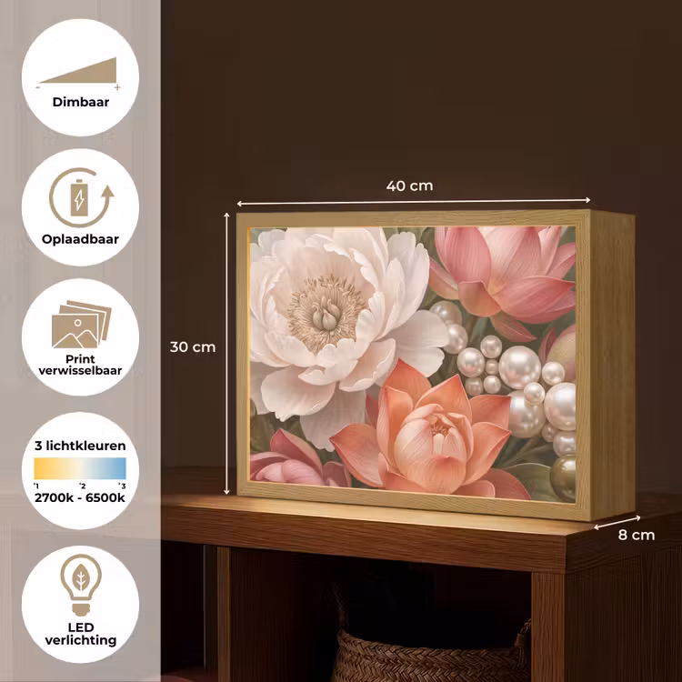 Bloemen - Parels - Elegant - Roze - Wit Light Box met batterij (Wandlamp) middel -USP_websiteoverzichtNL