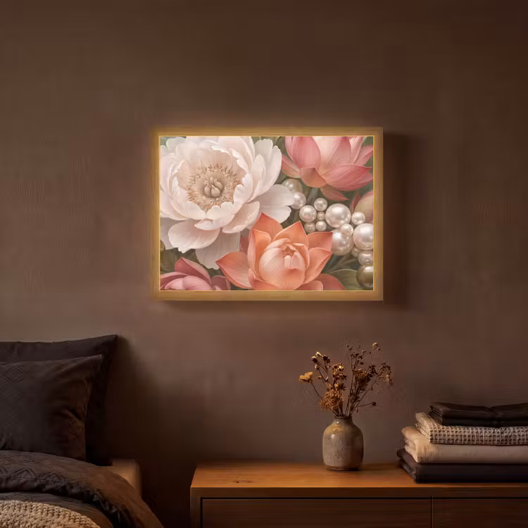 Bloemen - Parels - Elegant - Roze - Wit Light Box met batterij (Wandlamp) middel -sfeer4