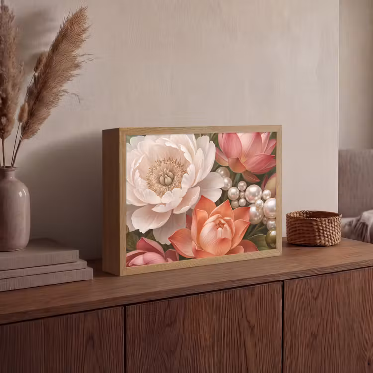 Bloemen - Parels - Elegant - Roze - Wit Light Box met batterij (Wandlamp) middel -sfeer2