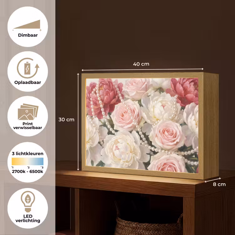 Bloemen - Parels - Romantiek - Klassiek - Roze Light Box met batterij (Wandlamp) middel -USP_websiteoverzichtNL