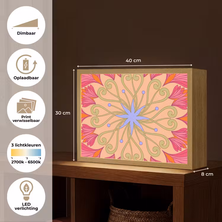 Bloemen - Patroon - Abstract - Roze - Decoratief Light Box met batterij (Wandlamp) middel -USP_websiteoverzichtNL