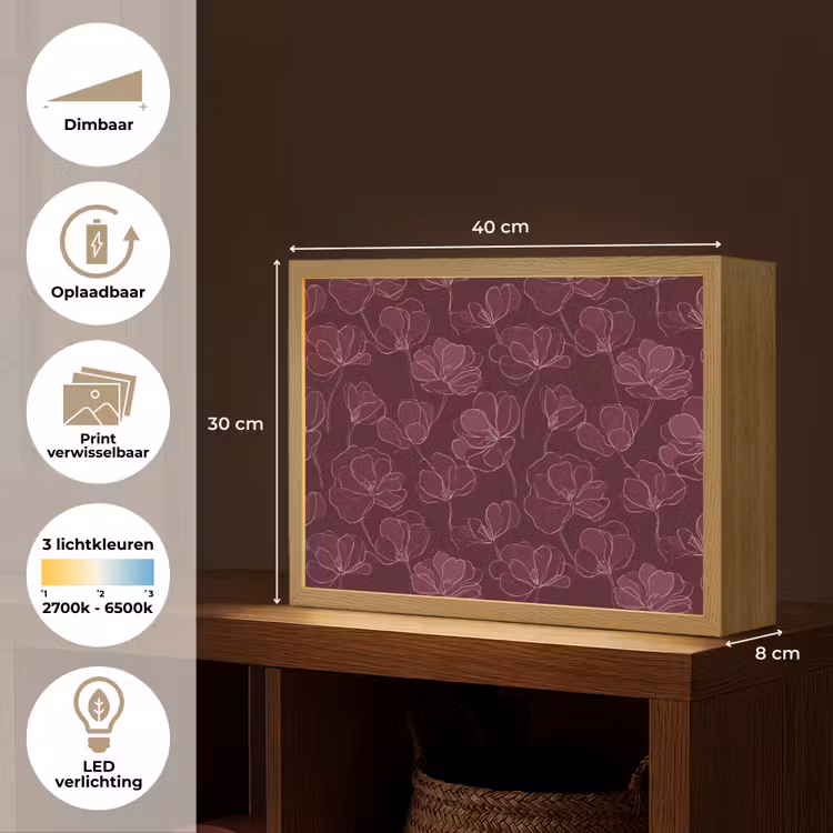 Bloemen - Patroon - Bordeauxrood Light Box met batterij (Wandlamp) middel 907 -USP_websiteoverzichtNL