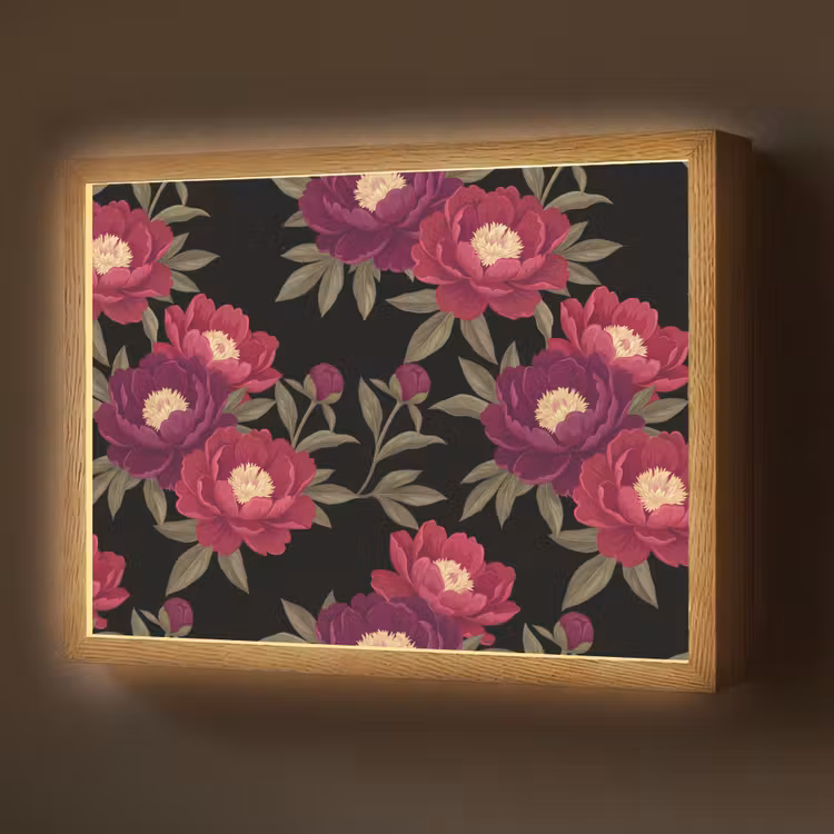 Bloemen - Patroon - Botanisch - Rood - Zwart Light Box met batterij (Wandlamp) middel -z3d_website