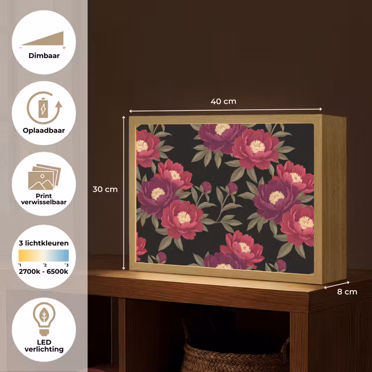 Bloemen - Patroon - Botanisch - Rood - Zwart Light Box met batterij (Wandlamp) middel -USP_websiteoverzichtNL