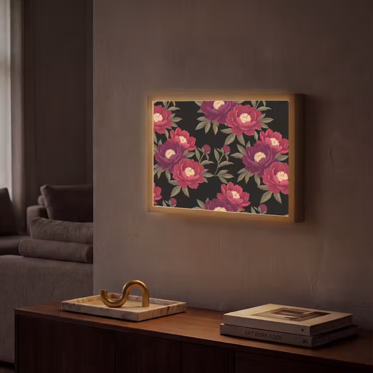 Bloemen - Patroon - Botanisch - Rood - Zwart Light Box met batterij (Wandlamp) middel -sfeer1