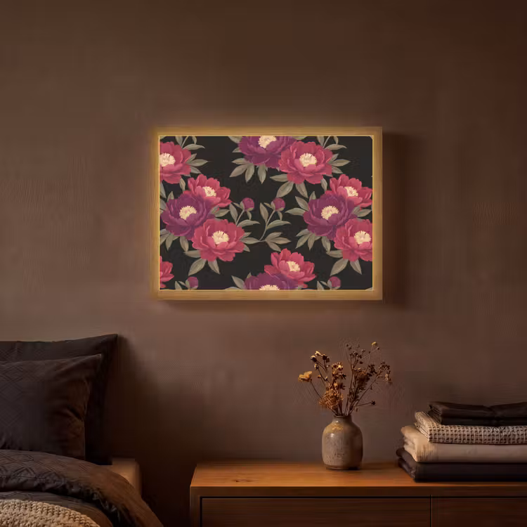 Bloemen - Patroon - Botanisch - Rood - Zwart Light Box met batterij (Wandlamp) middel -sfeer4