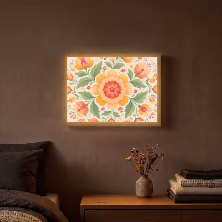 Bloemen - Patroon - Decoratief - Oranje Light Box met batterij (Wandlamp) middel -sfeer4