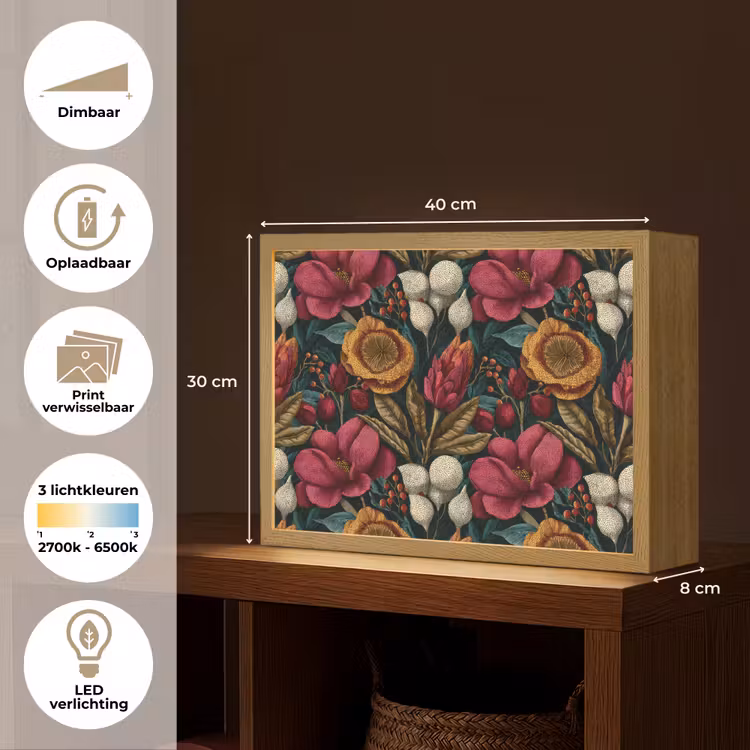 Bloemen - Patroon - Rood - Goud Light Box met batterij (Wandlamp) middel 907 -USP_websiteoverzichtNL