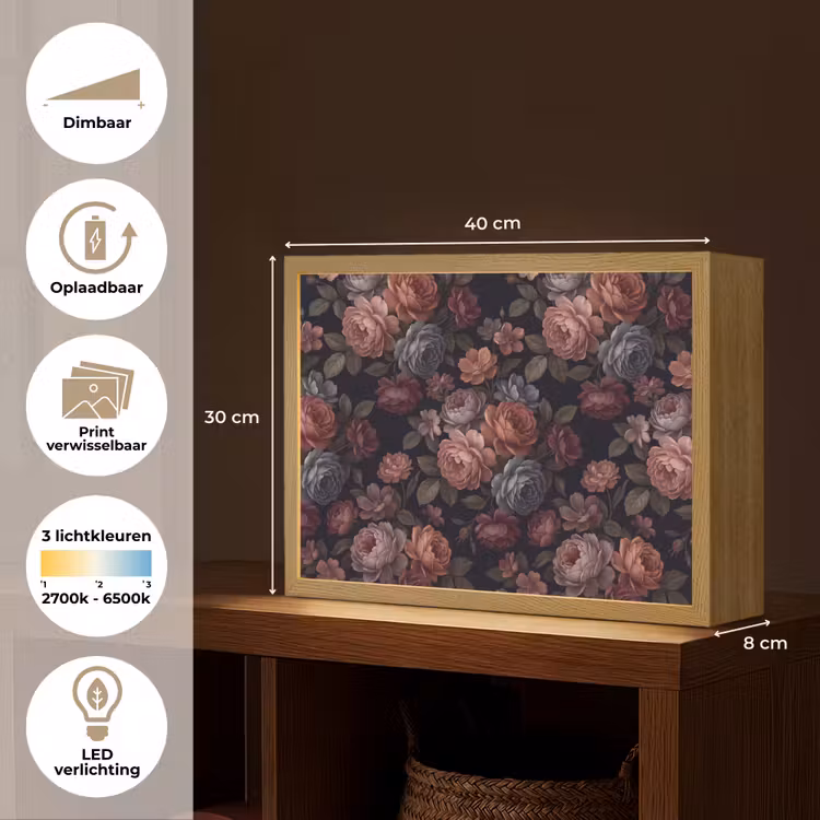 Bloemen - Patroon - Vintage - Donker - Roze Light Box met batterij (Wandlamp) middel -USP_websiteoverzichtNL
