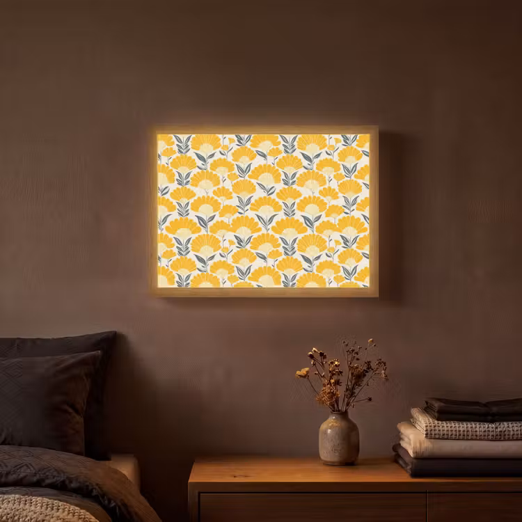 Bloemen - Retro - Botanisch - Okergeel - Grijs Light Box met batterij (Wandlamp) middel 907 -sfeer4