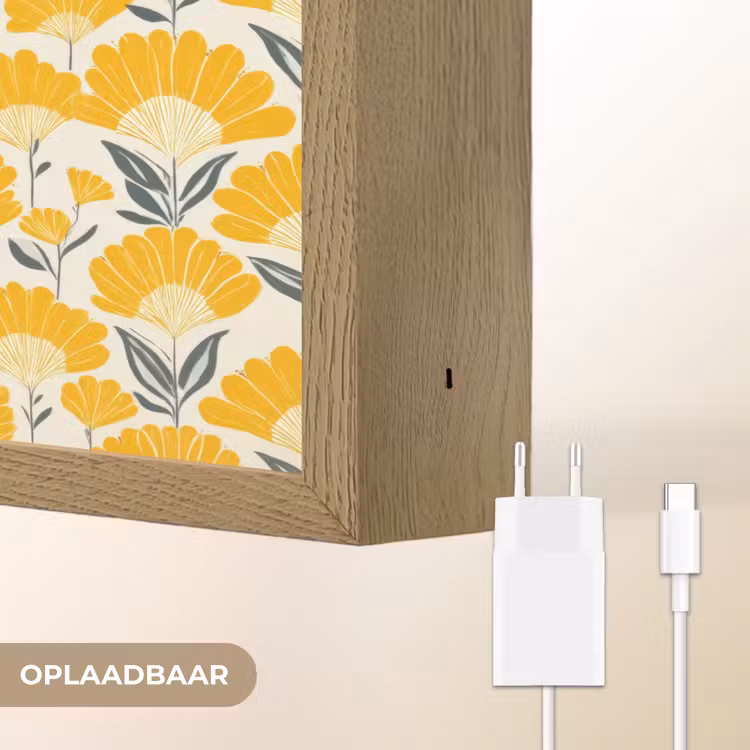 Bloemen - Retro - Botanisch - Okergeel - Grijs Light Box met batterij (Wandlamp) middel 907 -USP_websiteoplaadbaarNL